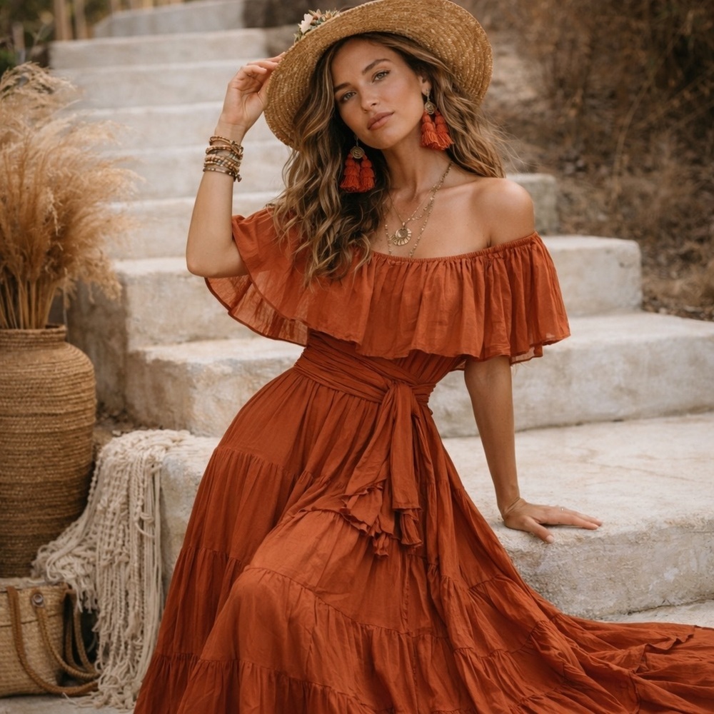 ERIKA PENA RITA BOHEMIAN OFF SHOULDER TIERED MAXI DRESS S/M